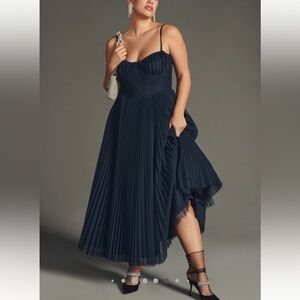 Anthropologie Hutch Navy Blue Pleated Sweetheart Dress, Sz 24